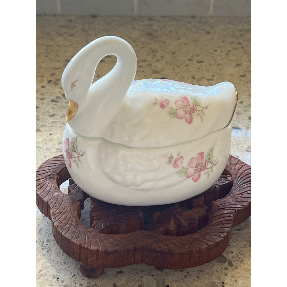 Vintage Lefton Bone China Swan Trinket Box Pink Floral Gold Trim Lidded Dish